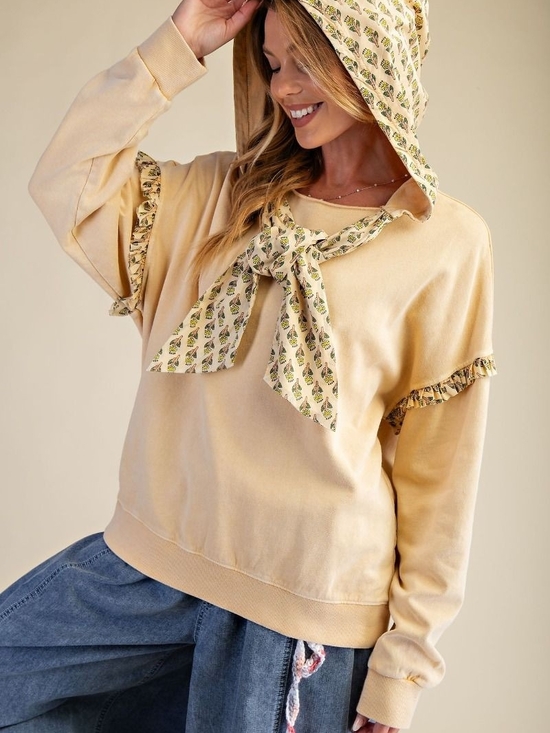 Easel Los Angeles Tops - 3-0908 Easel Cream Vintage Print Hooded Ruffle Tie-Neck Sweatshirt - Womens